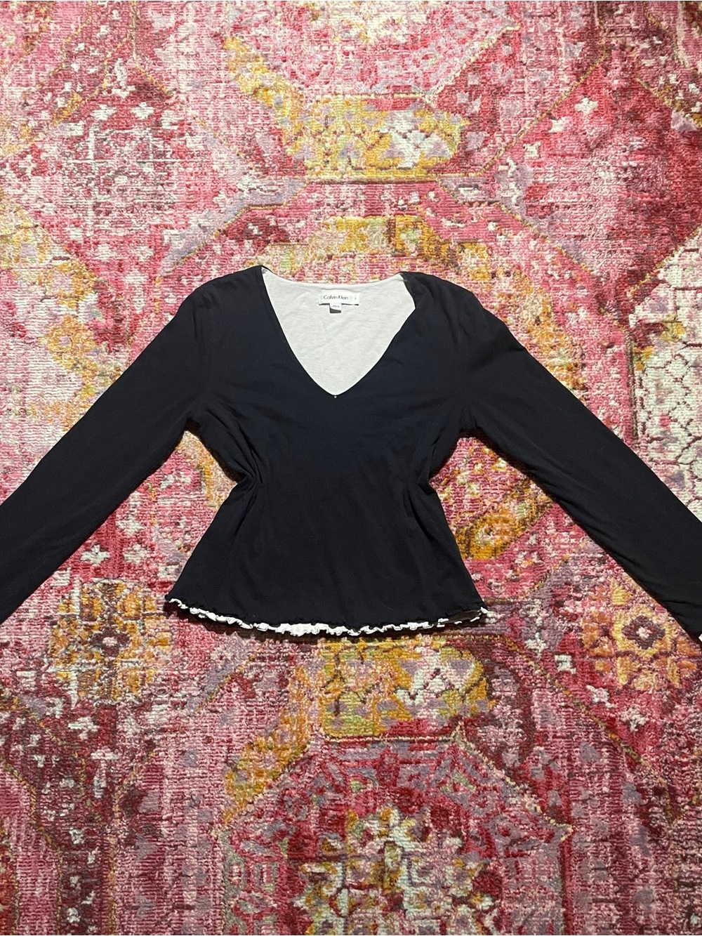 Calvin Klein Black V-Neck Long Sleeve Top with White Trim